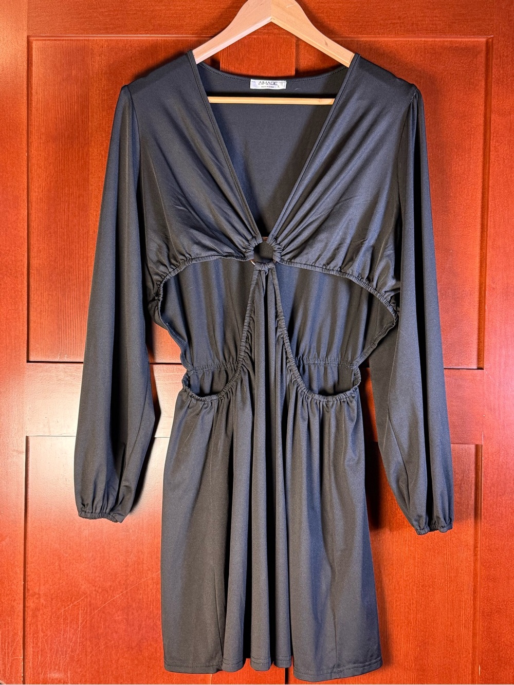AIMAGE Black Cutout Mini Dress XL Ring Detail Long Sleeve Party
